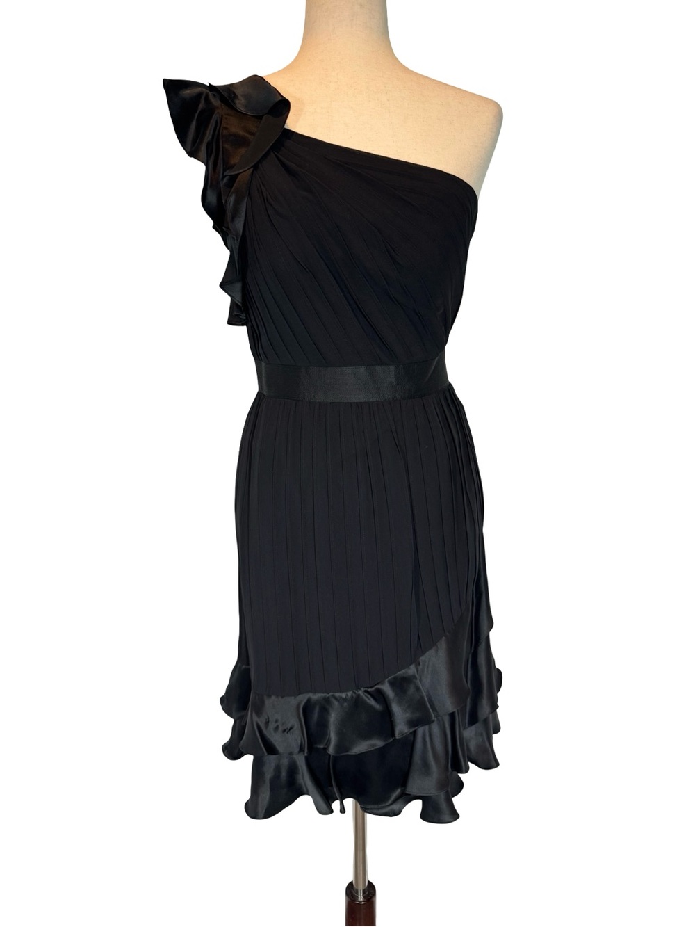 Phoebe Couture Silk  Black One-Shoulder Ruffle Formal Little Black Dress SZ 10